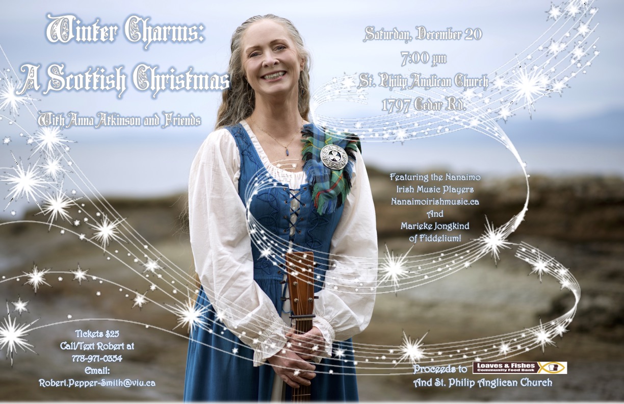 A concert poster in white and light blue with a blurry rocky beach and ocean background. A woman in a blue and white medieval dress is standing on the beach and smiling holding a guitar. There is a bunch of text around the woman explaining the details of the conert